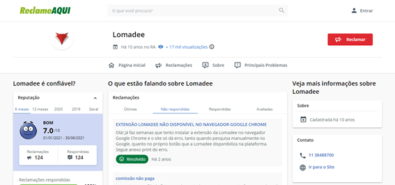 Veja o Reclame Aqui da Lomadee